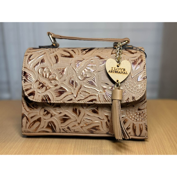 Gold Camel Beige Sunflower Embossed Tooled Artisan LEATHER Crossbody bag Purse - Picture 4 of 16